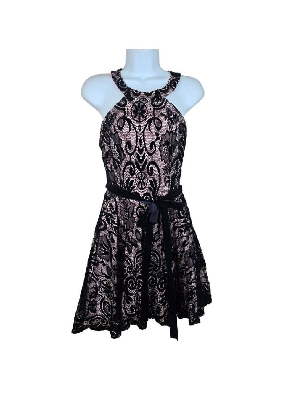 Vintage Y2K Black Pink Lace Halter Fit Flare Dress Size 7/8 Velvet Bow Party
